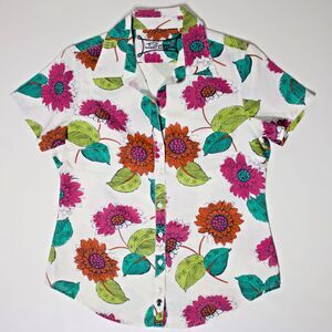 Tommy Bahama 100% Linen White Floral Short Sleeve Button Up Shirt Women Size S